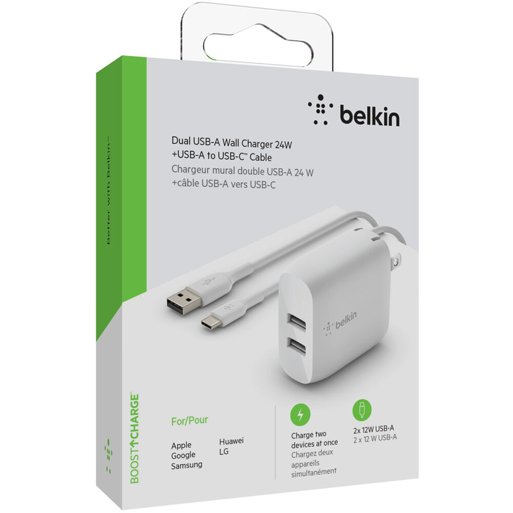 Belkin Boostcharge Dual USB-A Wall Charger 24W + USB-A to USB-C cable White