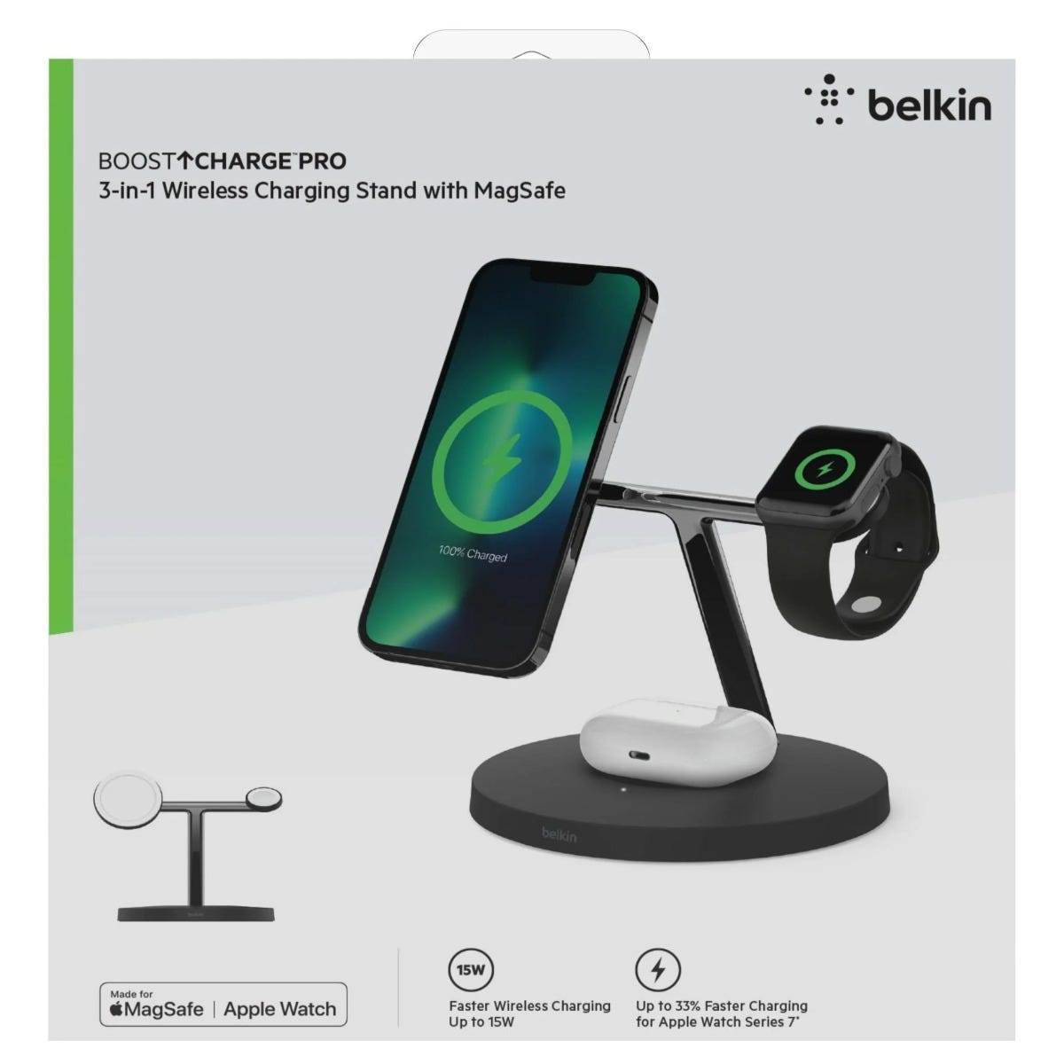 Belkin BoostCharge Pro 3-in-1 Wireless Charger with 15w MagSafe Charging (Black)
