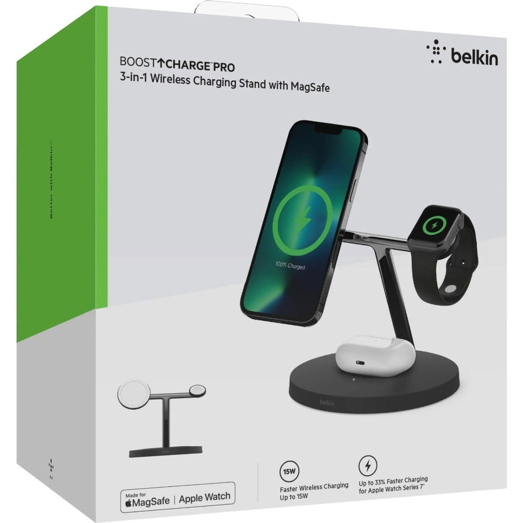 Belkin BoostCharge Pro 3-in-1 Wireless Charger with 15w MagSafe Charging (Black)