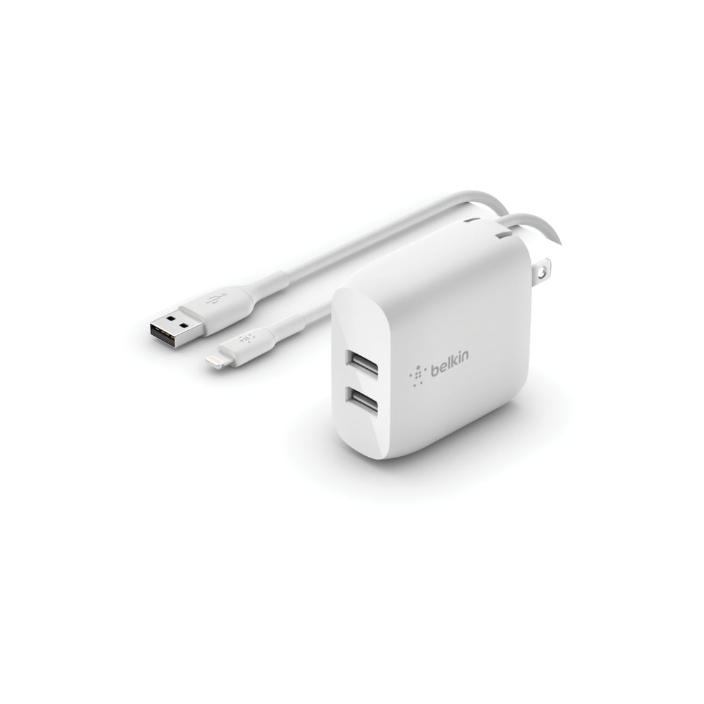 Belkin Boostcharge Dual USB-A Wall Charger 24W + Lightning to USB-A Cable White