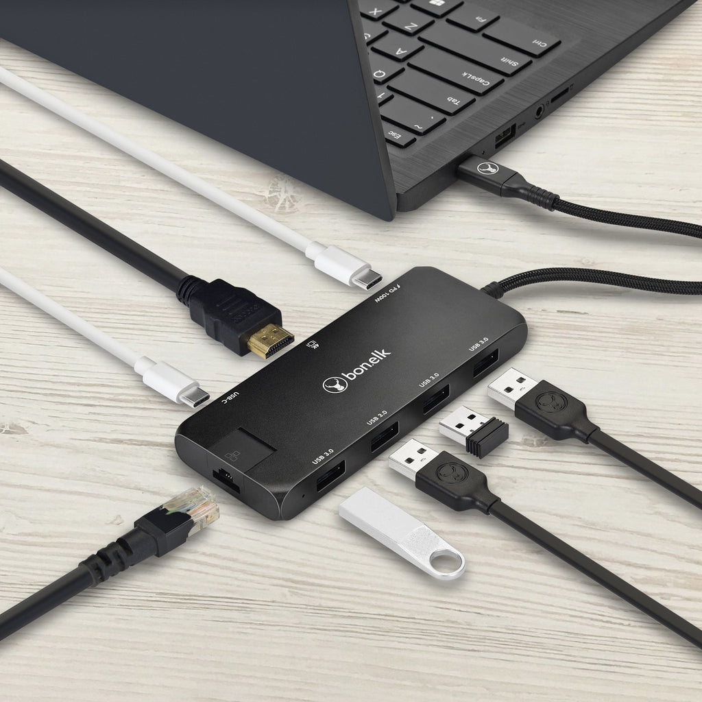 Bonelk Long-Life USB-C to 8-in-1 Multiport Hub (Black)