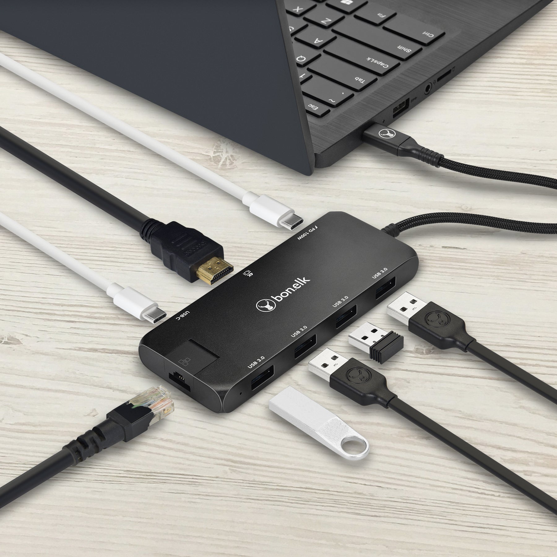 Bonelk Long-Life USB-C to 8-in-1 Multiport Hub (Black)