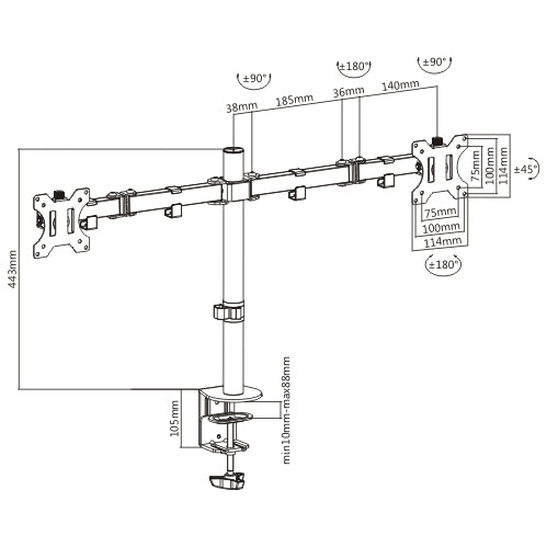 Brateck Dual Screens Double Joint Articulating Monitor Arm Fit Most 13-32" Screens