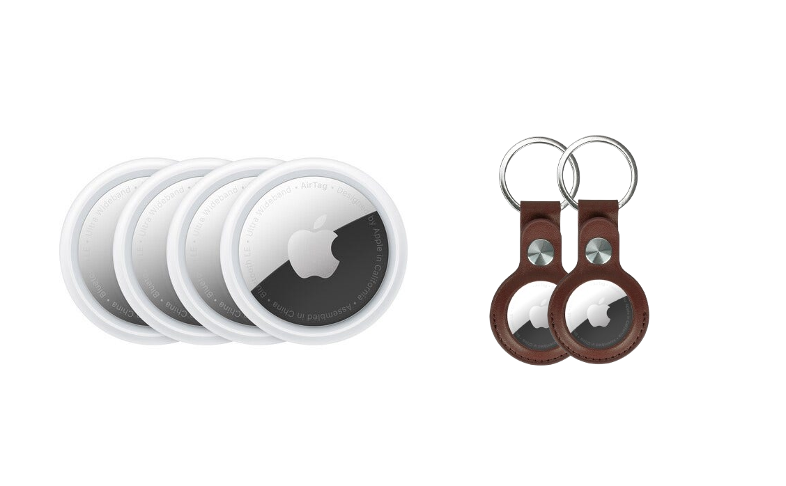 Apple Airtag 4 Pack with 2x PU Leather Key Ring (Brown)