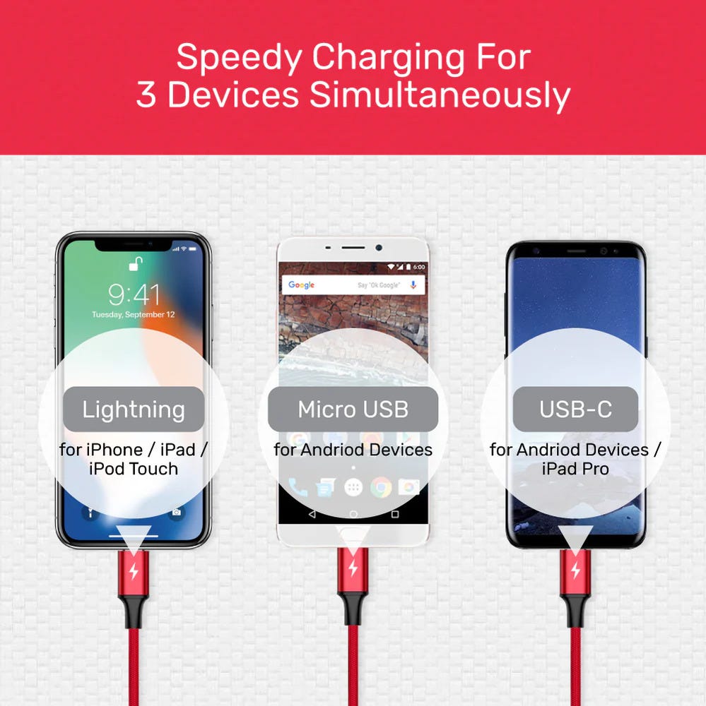 Unitek 3-in-1 USB-A to USB-C / Micro USB / Lightning Multi Charging Cable 
