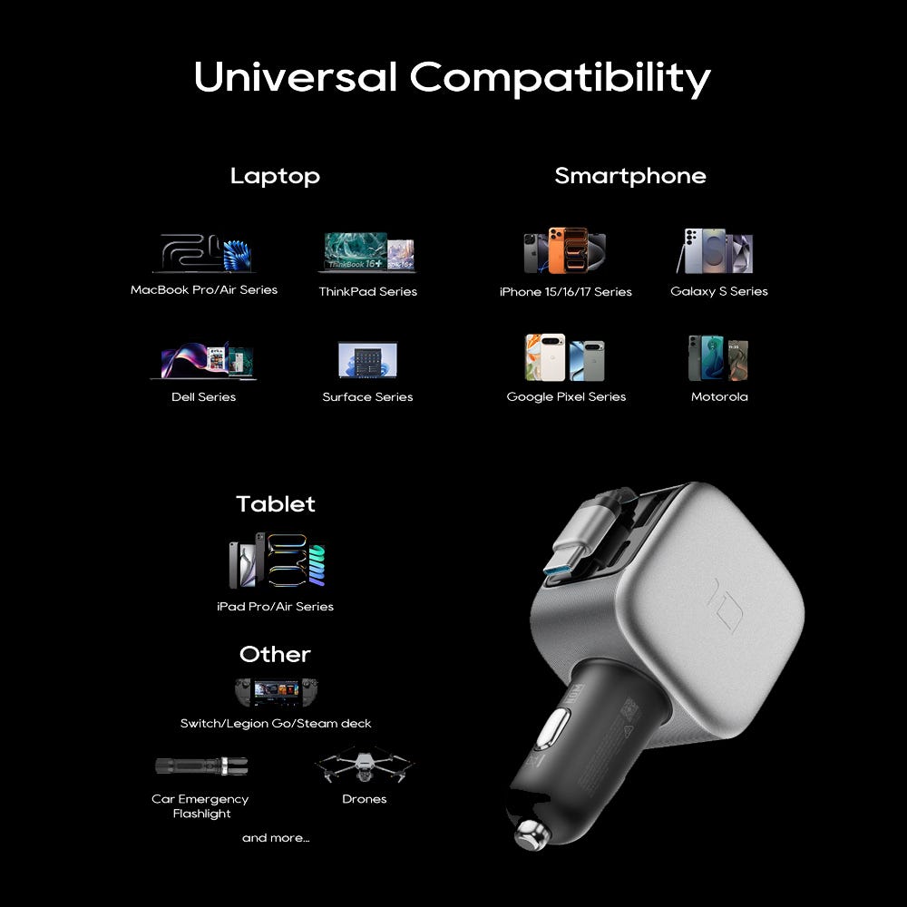 CUKTECH 10 100W 3 Port Car Charger w/ Retractable USB-C Cable