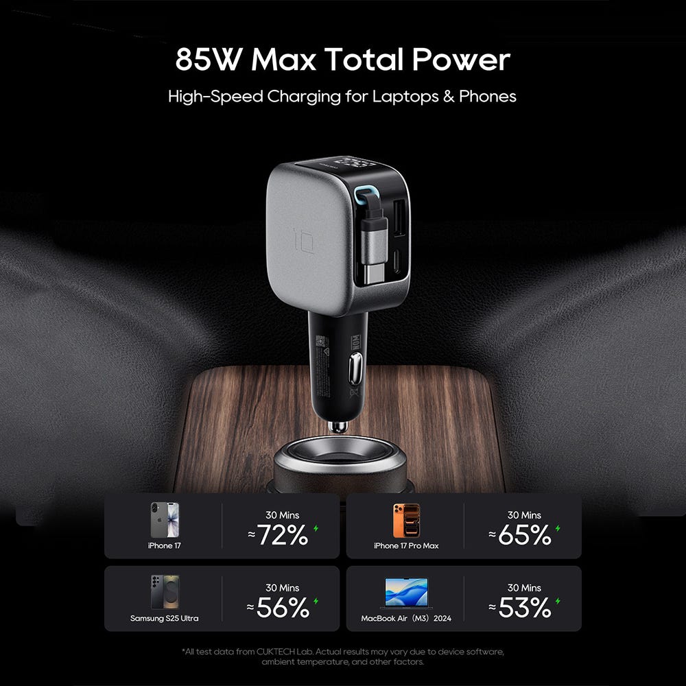 CUKTECH 10 100W 3 Port Car Charger w/ Retractable USB-C Cable