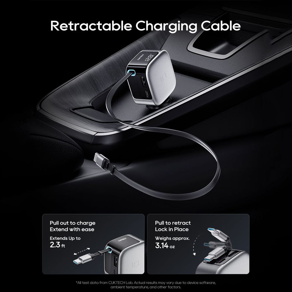 CUKTECH 10 100W 3 Port Car Charger w/ Retractable USB-C Cable