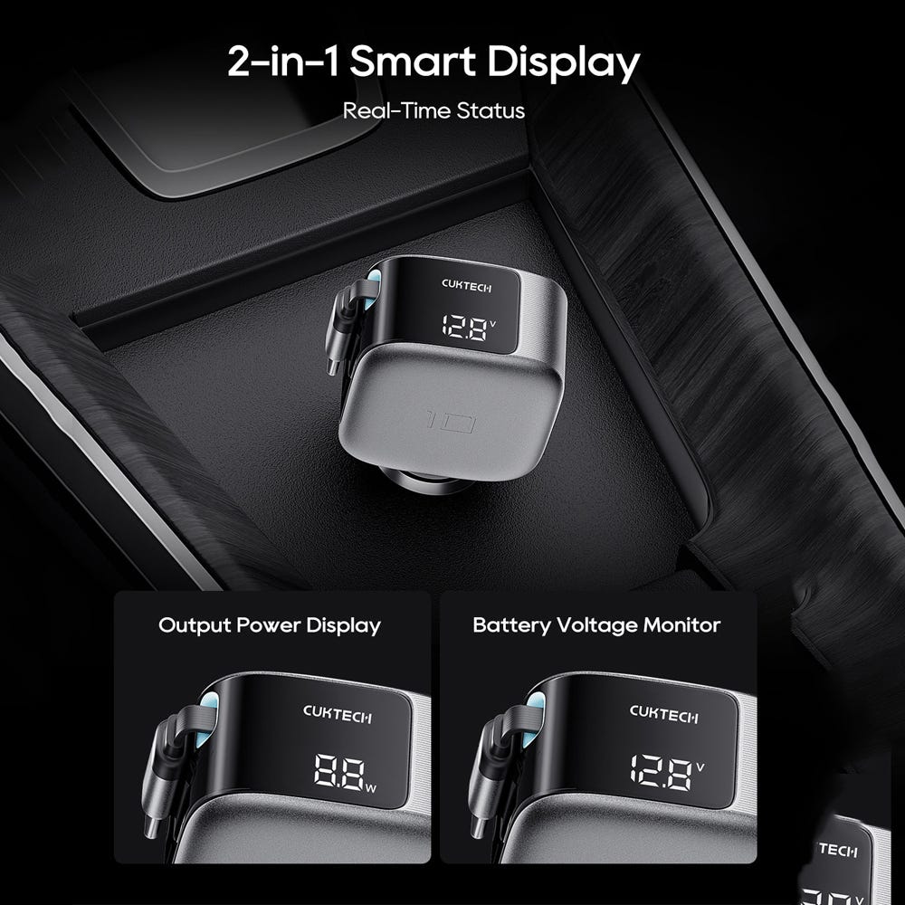 CUKTECH 10 100W 3 Port Car Charger w/ Retractable USB-C Cable