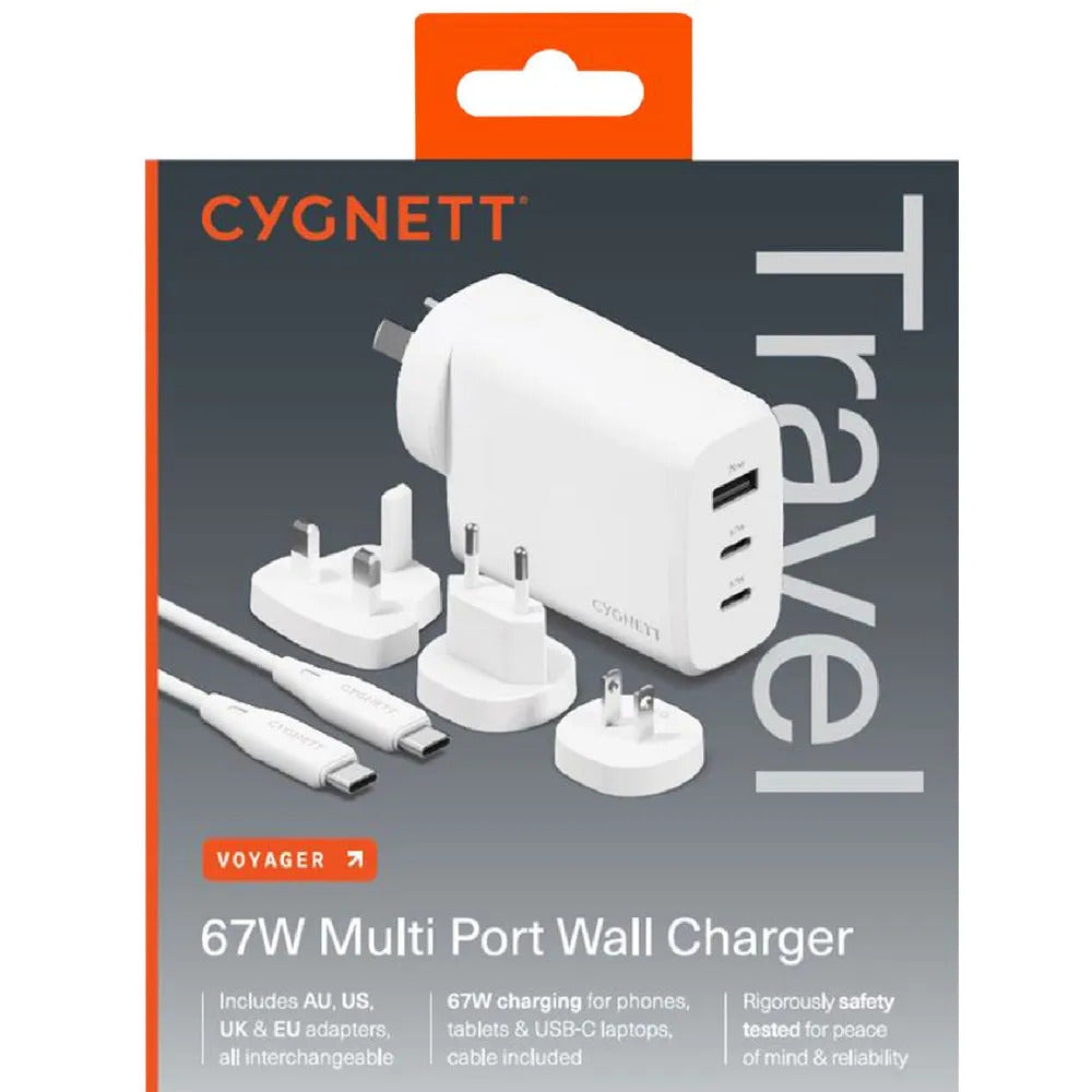 Open Box Cygnett Voyager 67W Multi-Port GaN Travel Wall Charger (White)