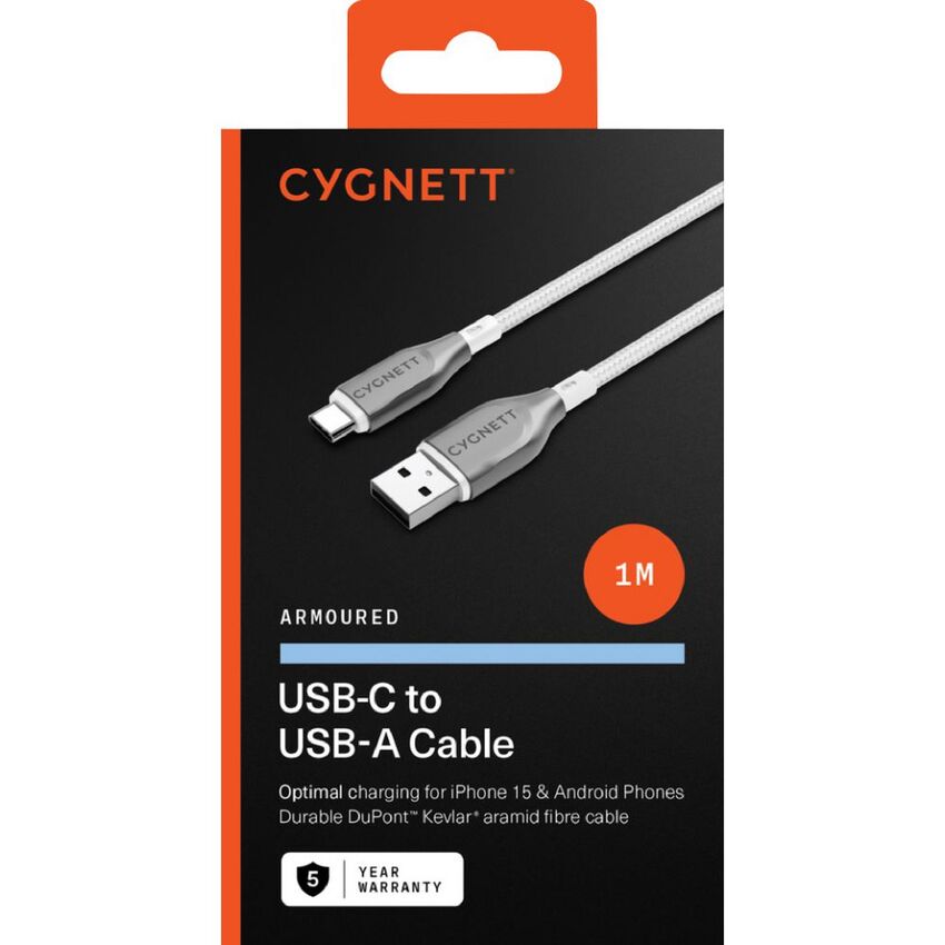 Cygnett Armoured 1m USB-C to USB-A Cable (White)