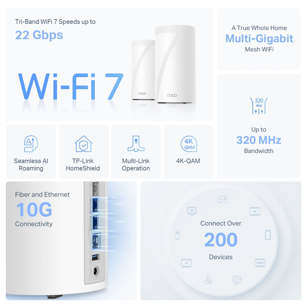 TP-Link Deco BE85 BE22000 Tri-Band Mesh WiFi7 System (3 Pack)