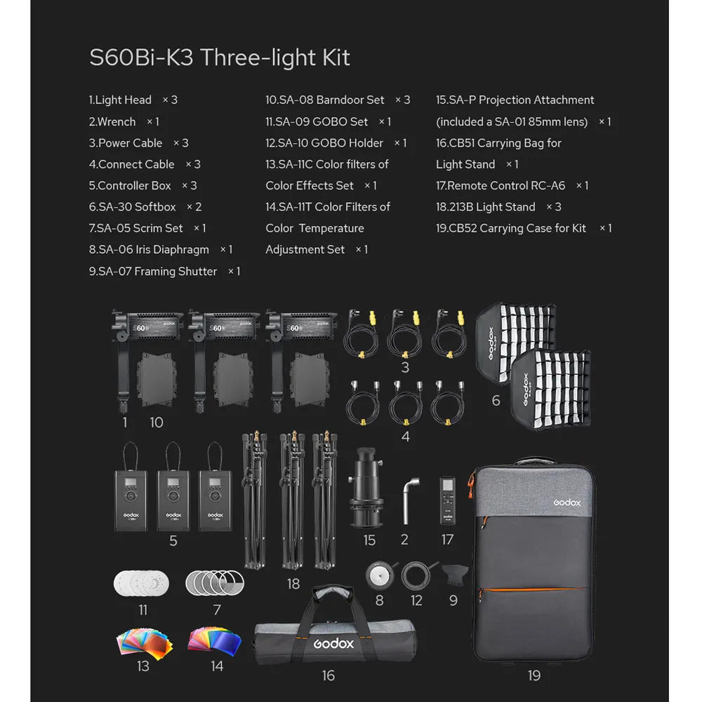 Godox Focusing LED S60Bi Bi-Colour 3 Head Kit 