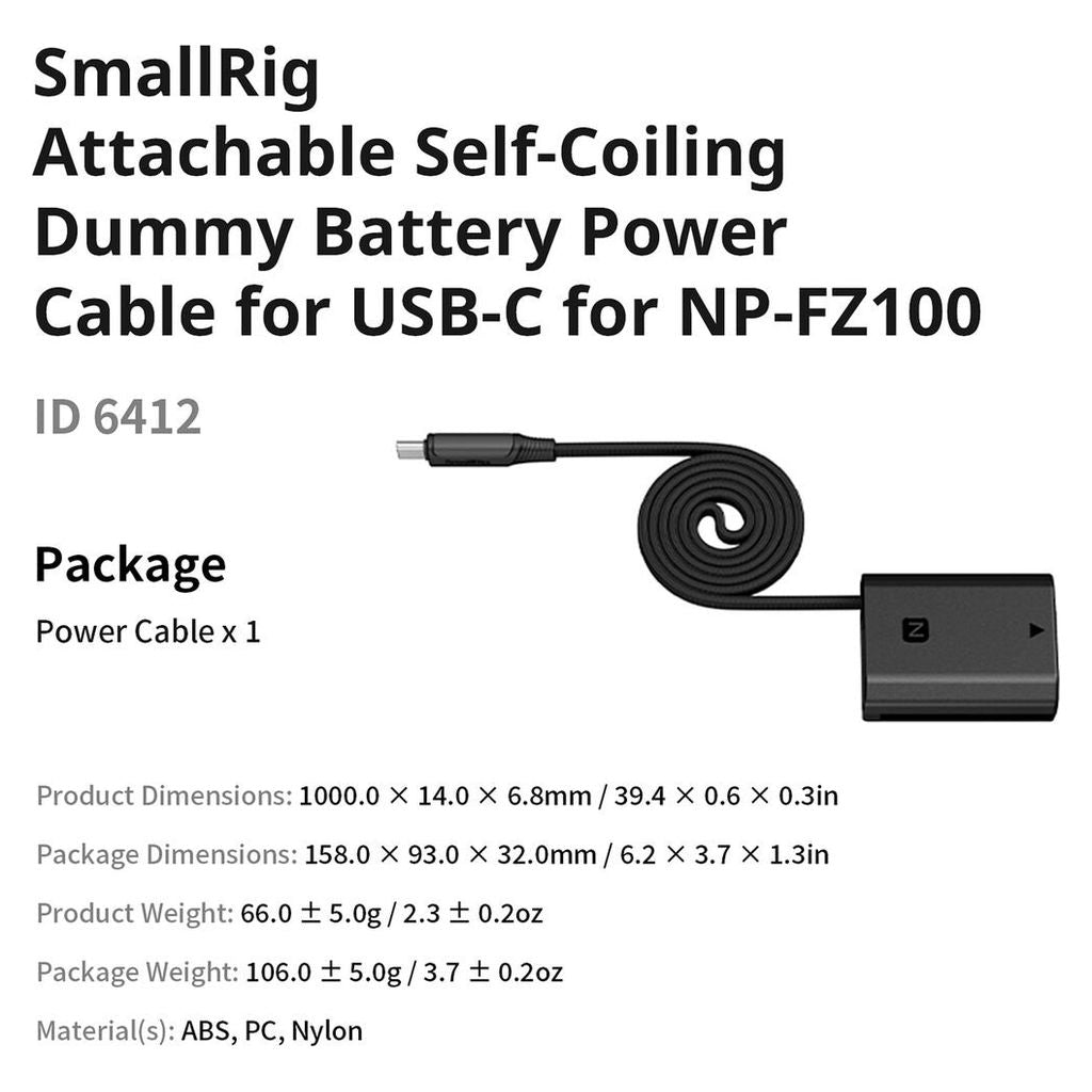 SmallRig Dummy Battery Power Cable for USB-C for NP-FZ100 6412