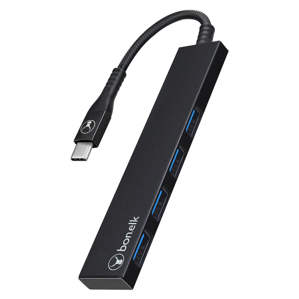 Bonelk Long-Life USB-C to 4 Port USB 3.0 Slim Hub (Black) 