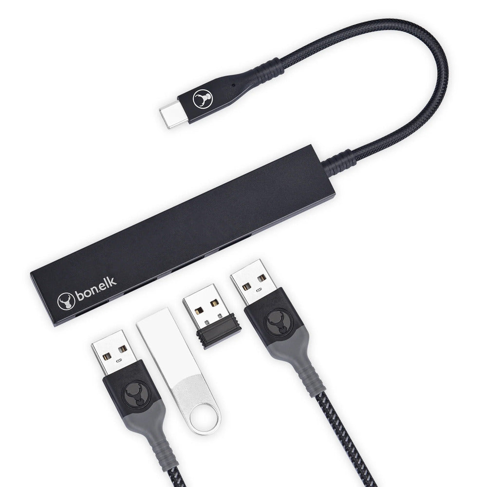 Bonelk Long-Life USB-C to 4 Port USB 3.0 Slim Hub (Black) 