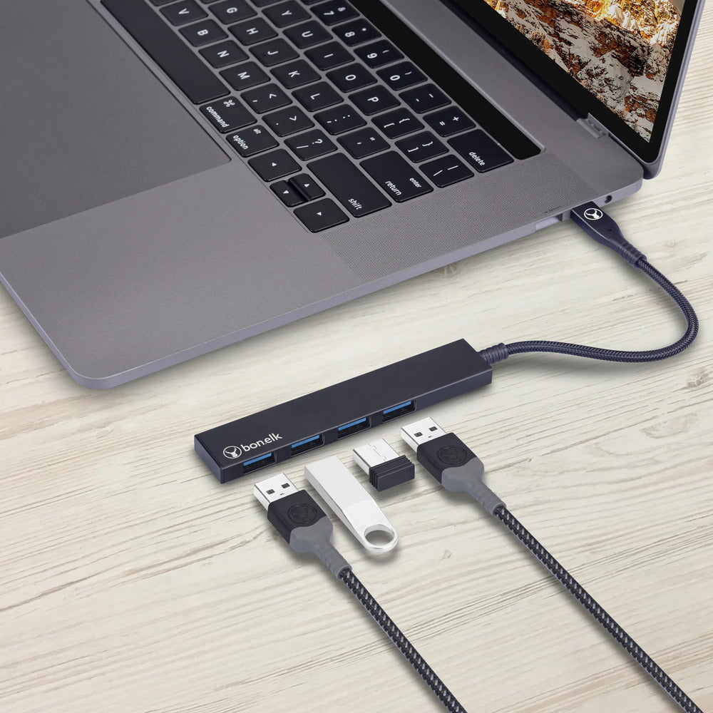 Bonelk Long-Life USB-C to 4 Port USB 3.0 Slim Hub (Black) 