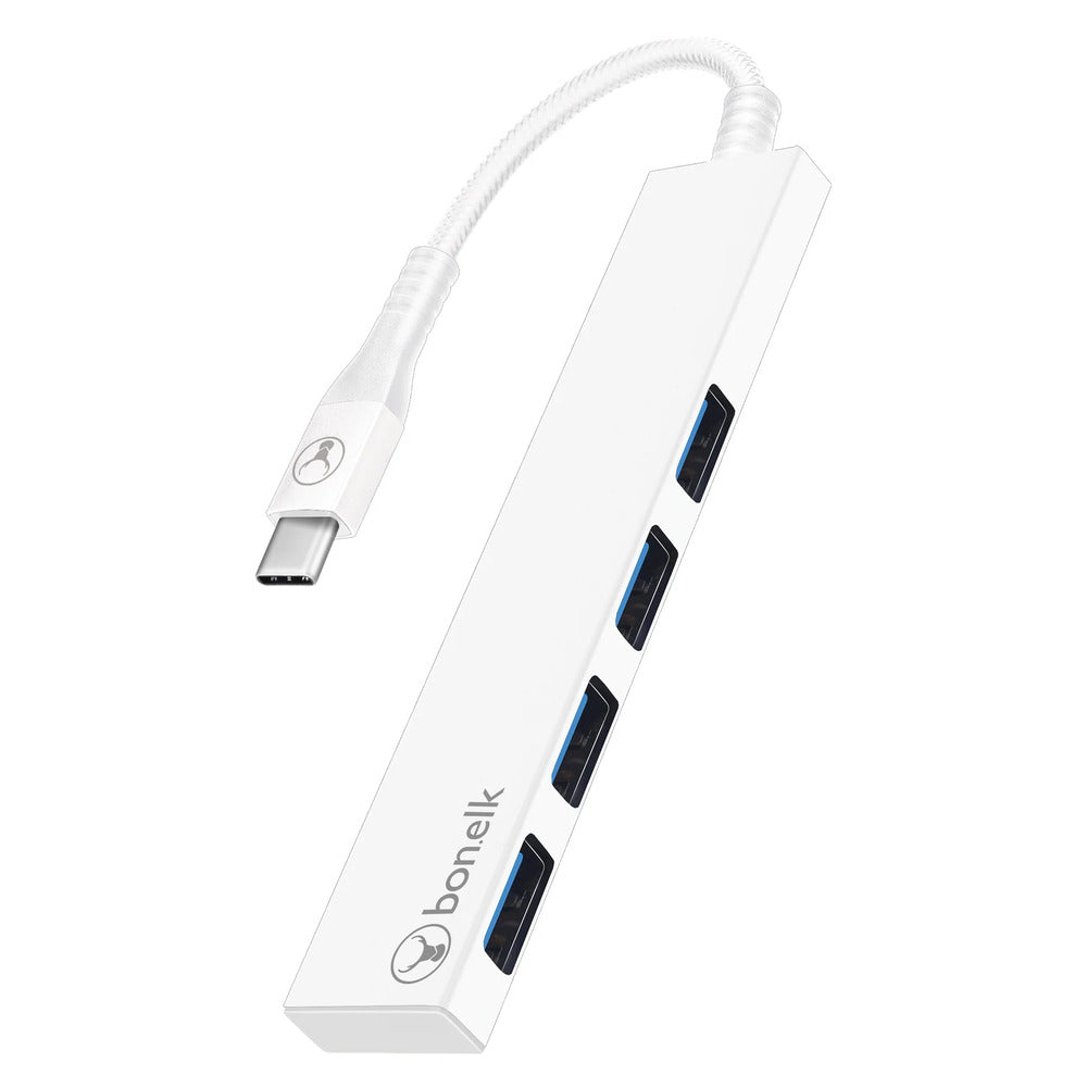 Bonelk Long-Life USB-C to 4 Port USB 3.0 Slim Hub (White) 