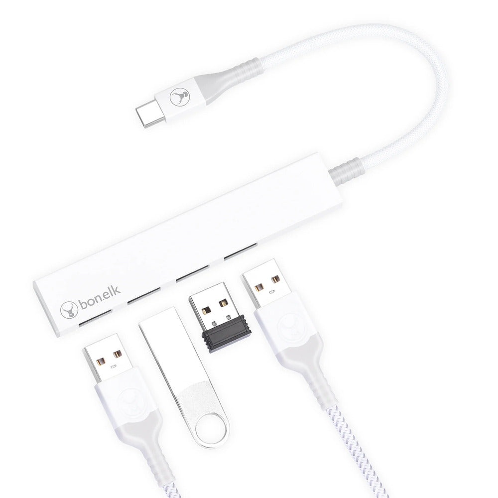 Bonelk Long-Life USB-C to 4 Port USB 3.0 Slim Hub (White) 