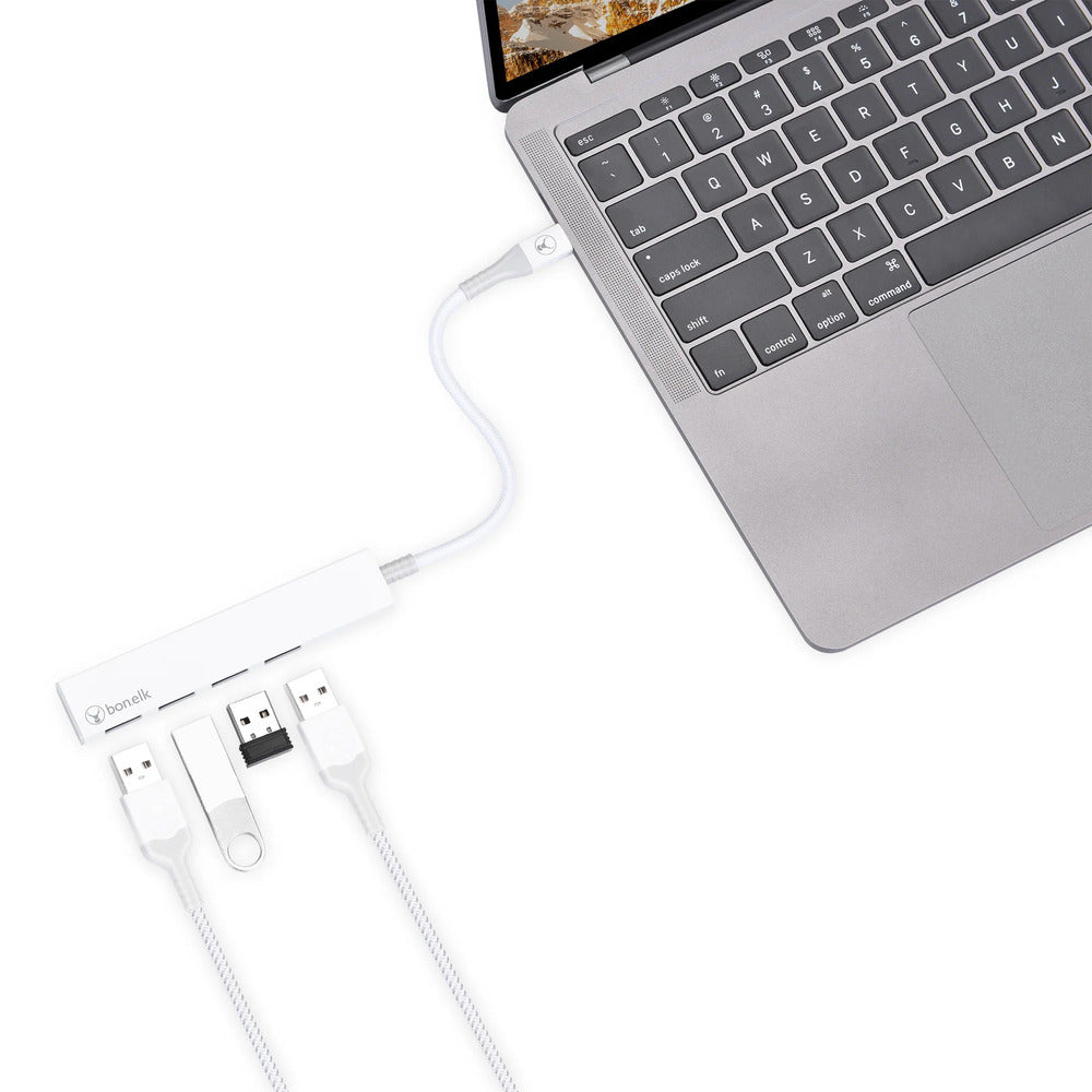 Bonelk Long-Life USB-C to 4 Port USB 3.0 Slim Hub (White) 