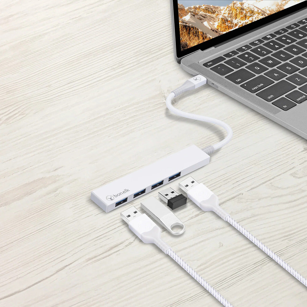 Bonelk Long-Life USB-C to 4 Port USB 3.0 Slim Hub (White) 
