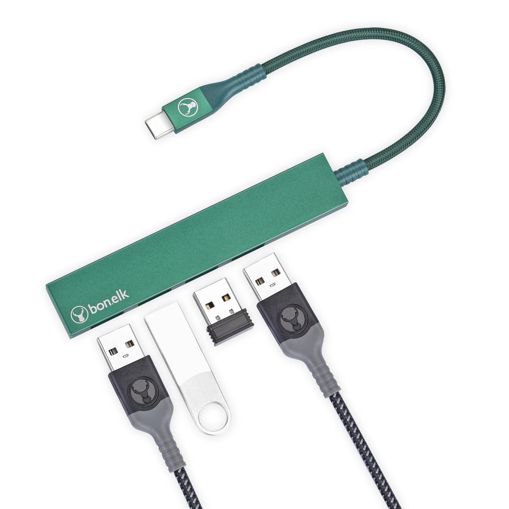 Bonelk Long-Life USB-C to 4 Port USB 3.0 Slim Hub (Green)