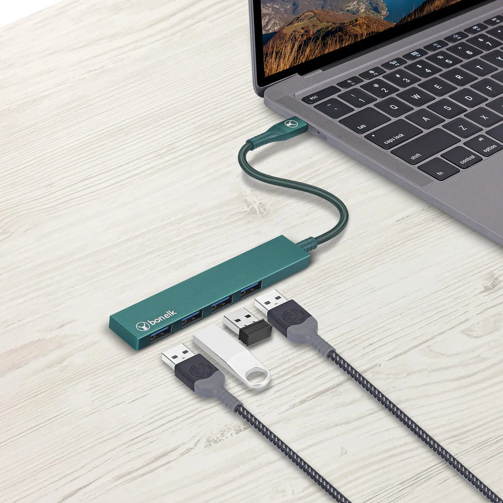 Bonelk Long-Life USB-C to 4 Port USB 3.0 Slim Hub (Green)