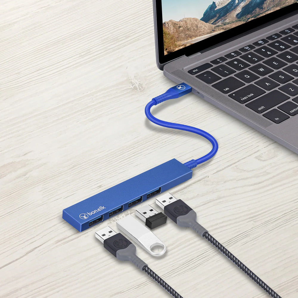 Bonelk Long-Life USB-C to 4 Port USB 3.0 Slim Hub (Blue)