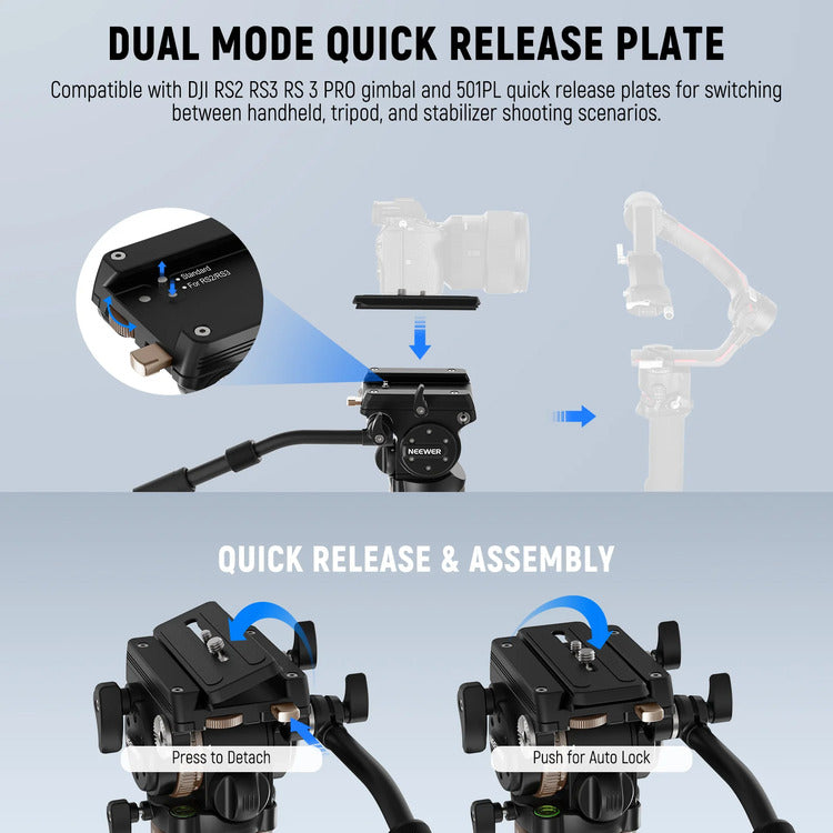 NEEWER LL55 197cm Carbon Fiber Video Tripod with Fluid Head