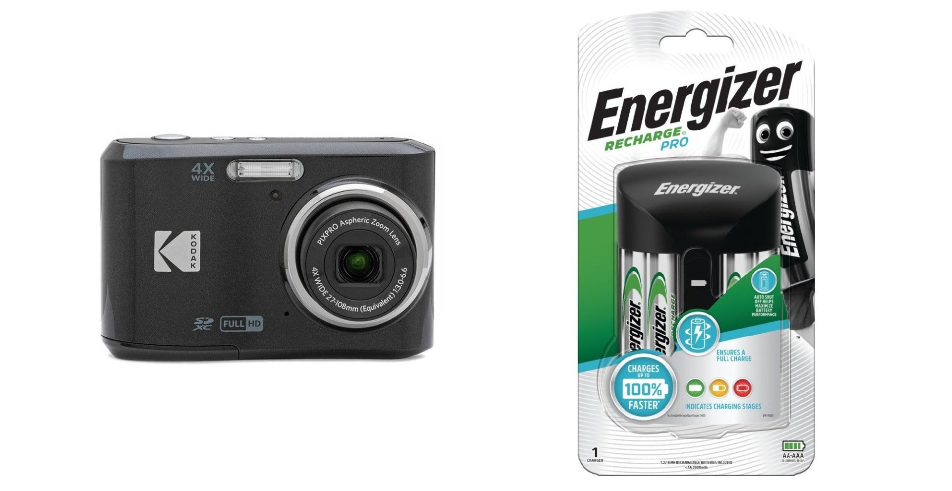 Kodak PIXPRO FZ45 Camera (Black) with Energizer Recharge Charger (4xAA Incl)