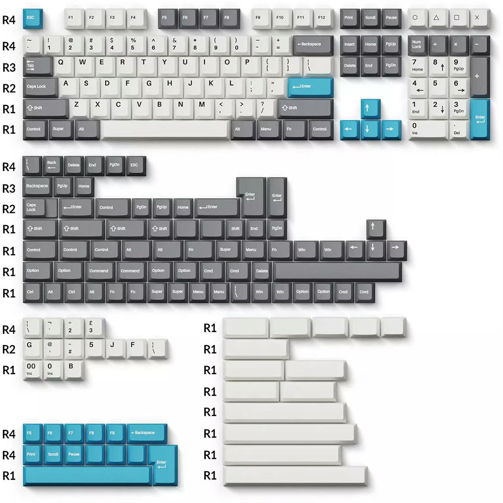 Keychron Cherry Double-Shot PBT Keycaps (Grey, White, Blue) (Full Set 218 Keys)