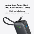 Anker Nano 10K 30W Power Bank with Built-In USB-C Cable (Black)