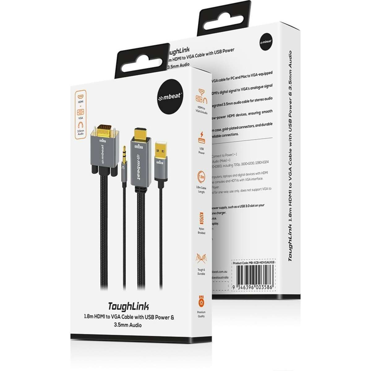 mbeat Tough Link 1.8m HDMI to VGA Cable with USB Power & 3.5mm Audio