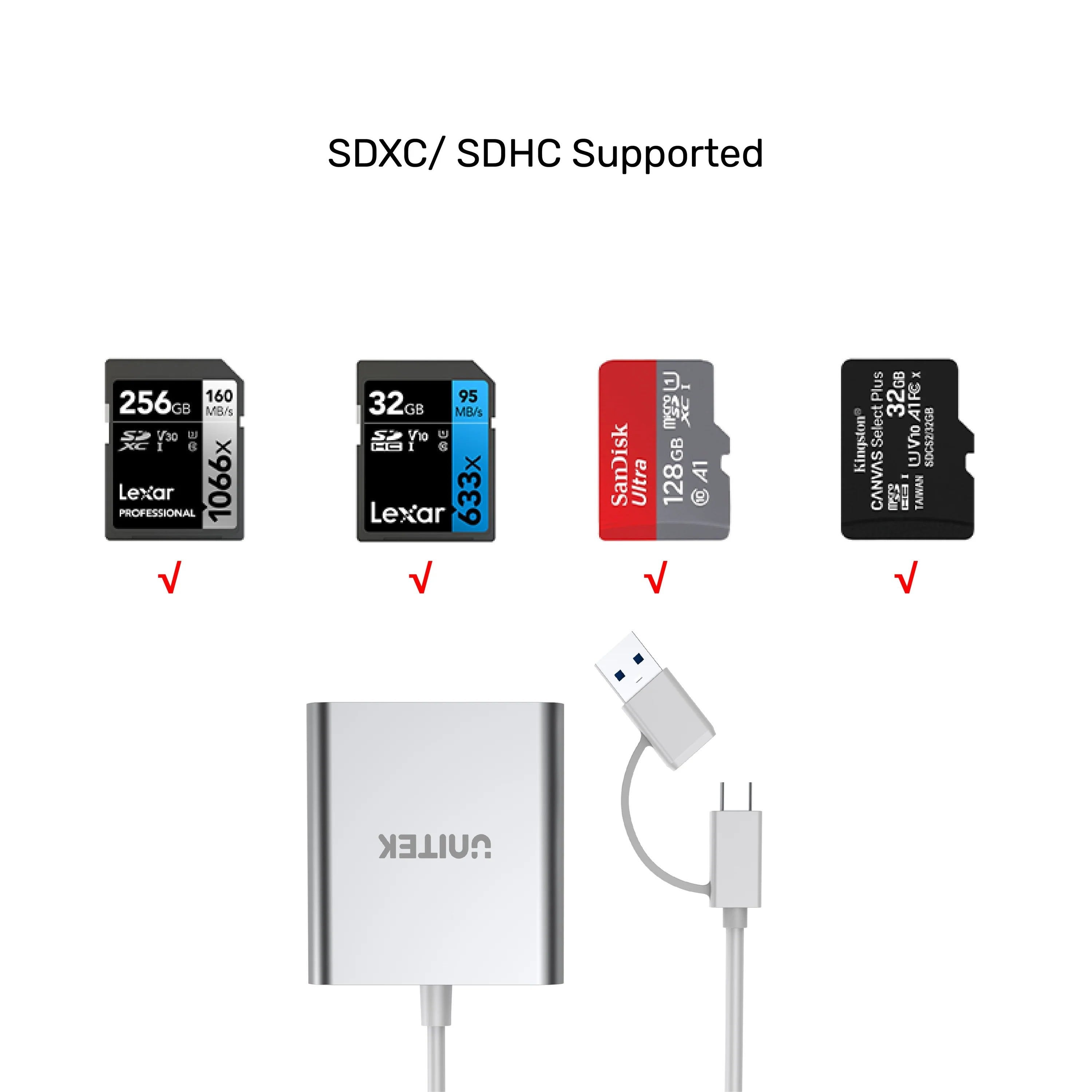 Unitek USB 3.0 3 Ports Memory Card Reader with USB C Adapter