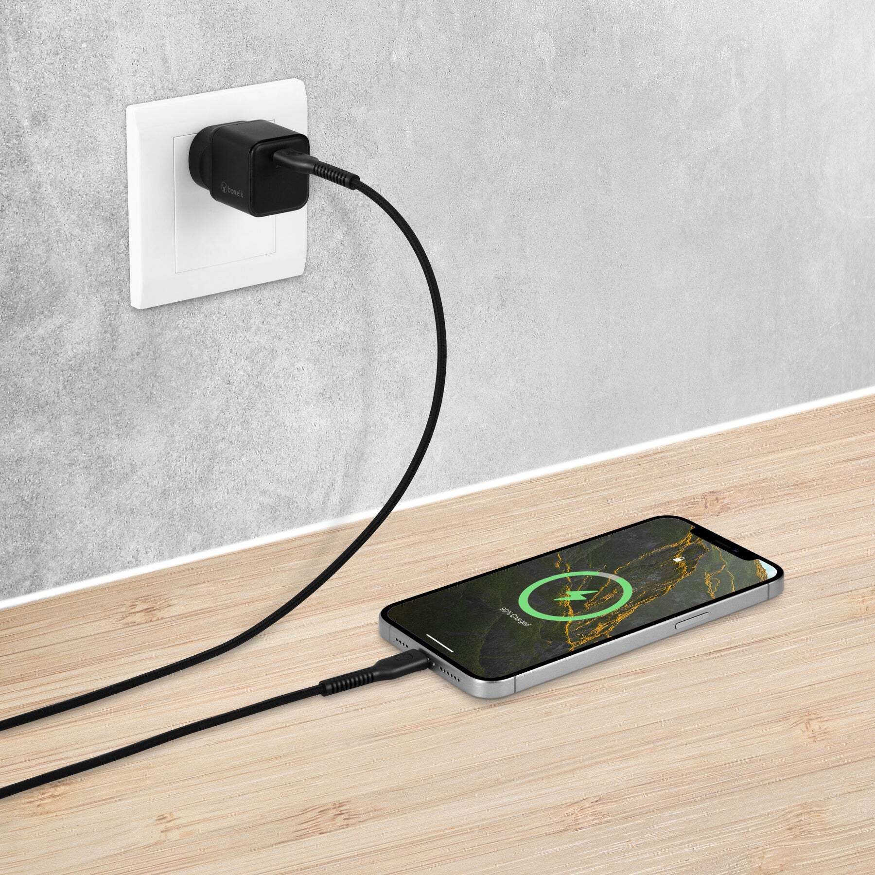 Bonelk 30W PD USB-C Wall Charger with Easy Grip Cable (Black)