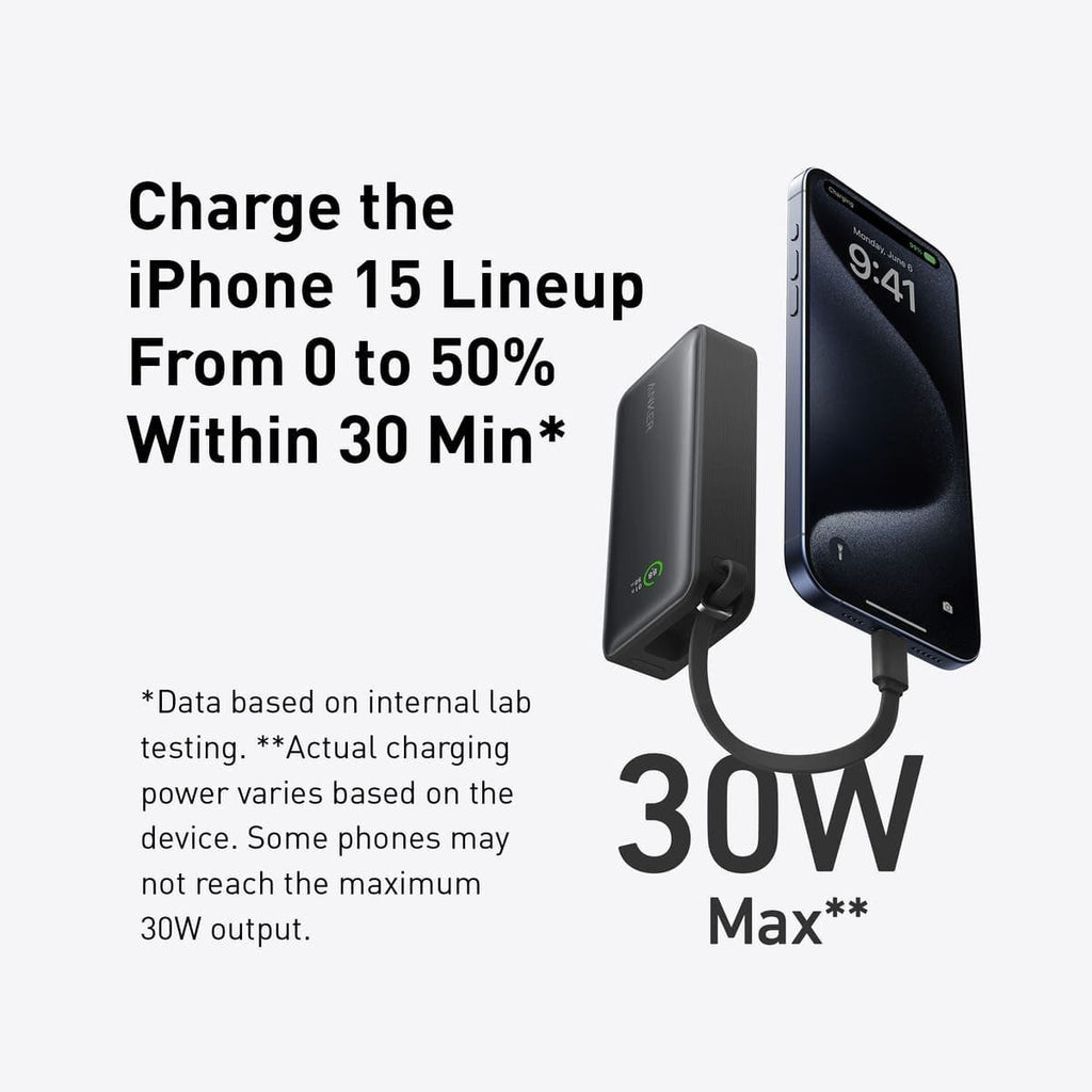 Anker Nano 10K 30W Power Bank with Built-In USB-C Cable (Black)
