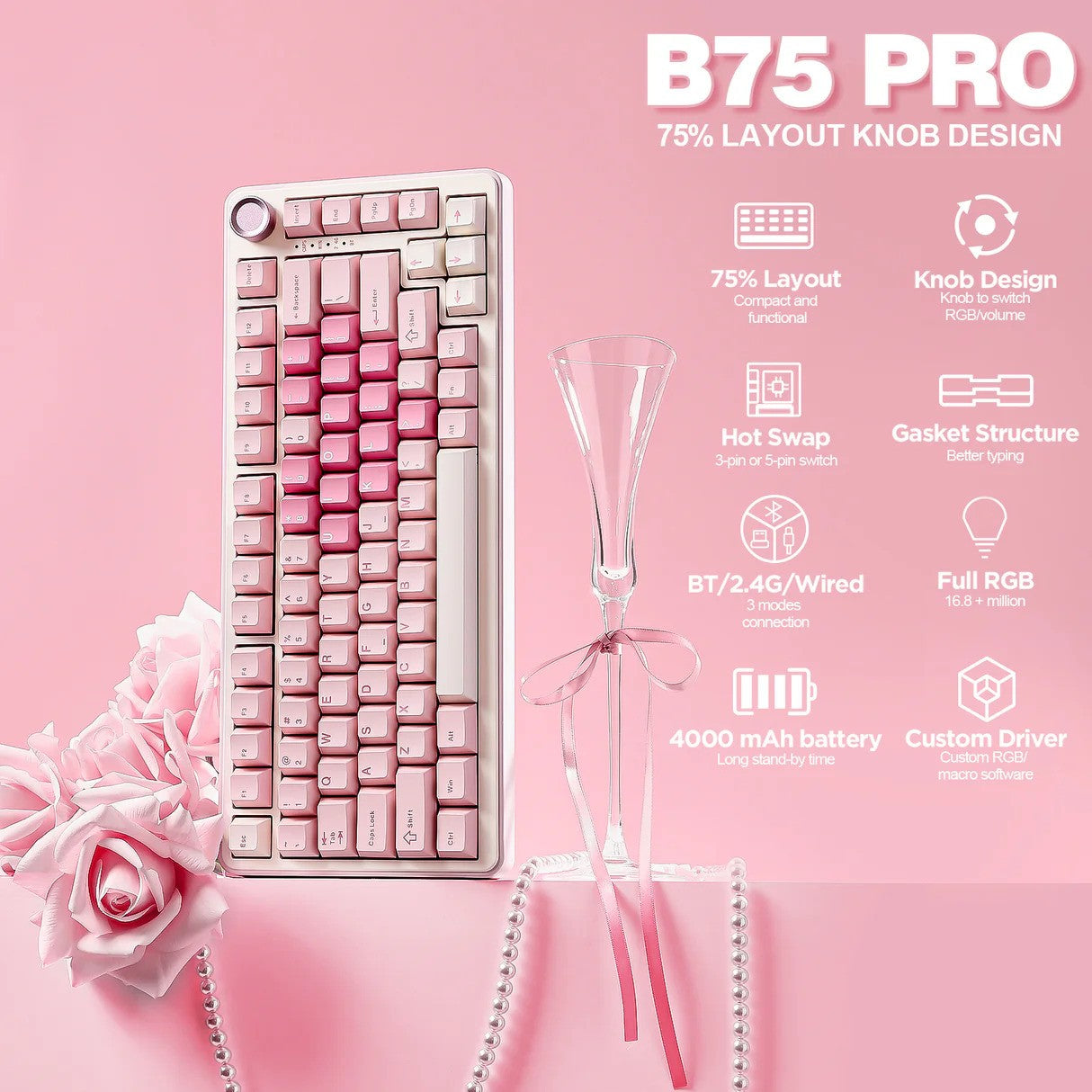 YUNZII B75 Pro 75% Mechanical Keyboard (Pink) (Milk Switch)