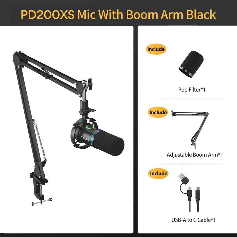MAONO PD200XS USB / XLR Dynamic Microphone with Boom Arm (Black)