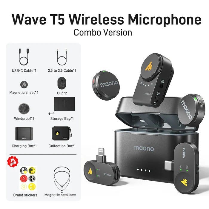 MAONO WAVE T5 Wireless Lavalier Microphone (2 MICS) (Camera