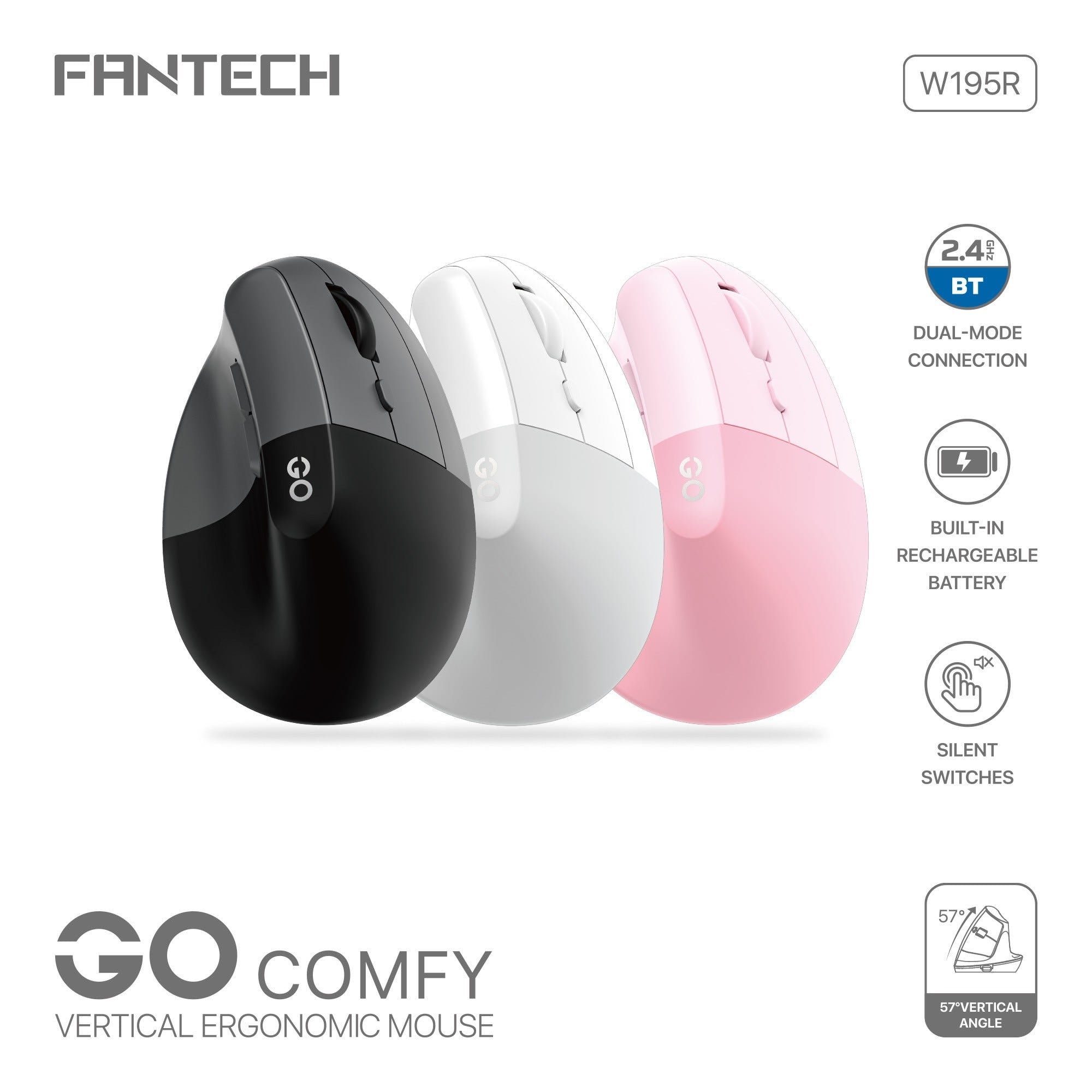 Fantech GO Comfy W195R Vertical Ergonomic Wireless Mouse (White)