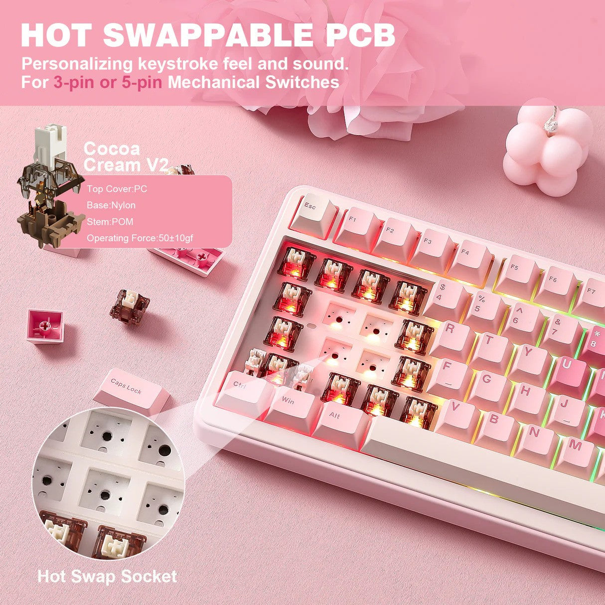 YUNZII B75 Pro 75% Mechanical Keyboard (Pink) (Cocoa Cream Switch) 