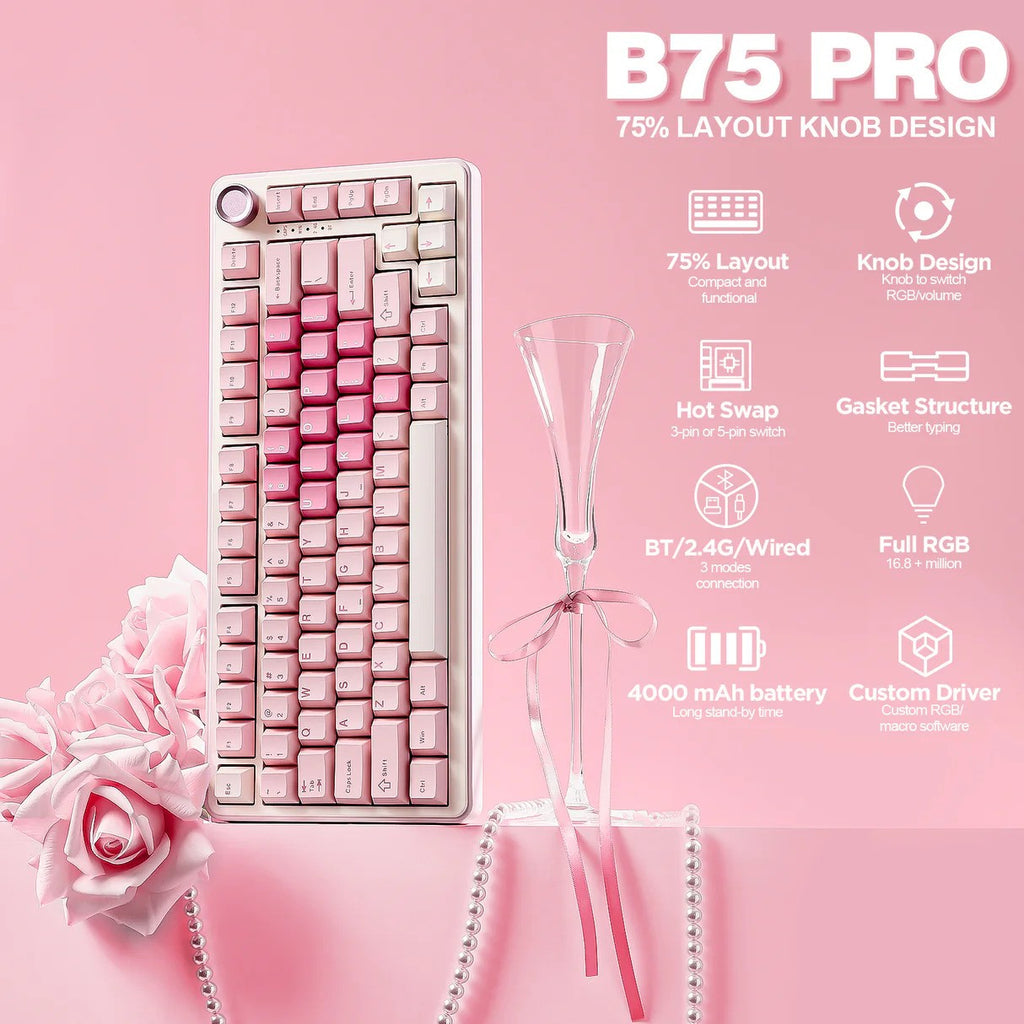 YUNZII B75 Pro 75% Mechanical Keyboard (Pink) (Cocoa Cream Switch) 
