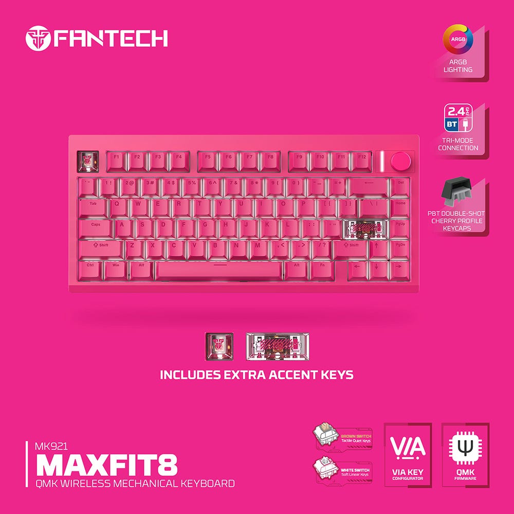 Fantech MAXFIT8 QMK Wireless Mechanical Keyboard (Pink) (White Switch)