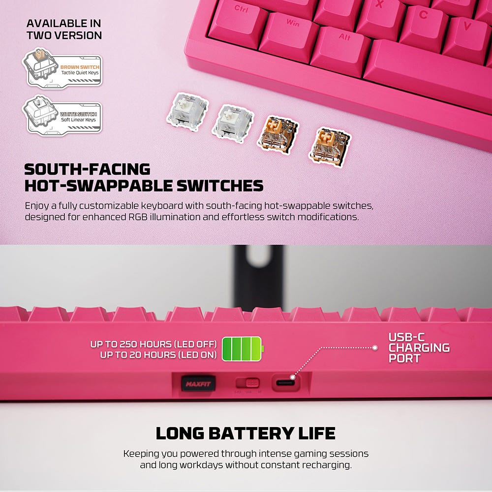 Fantech MAXFIT8 QMK Wireless Mechanical Keyboard (Pink) (White Switch)