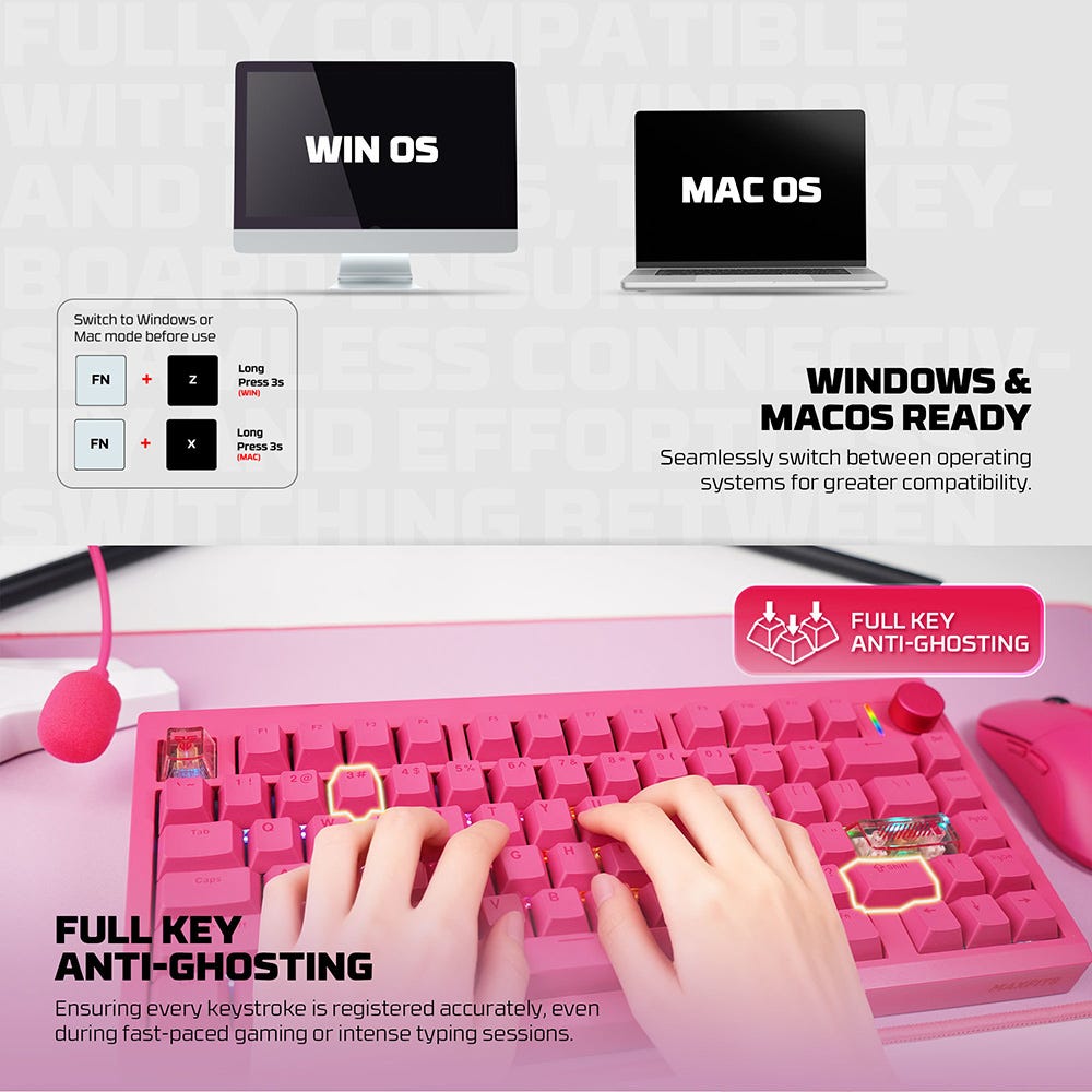 Fantech MAXFIT8 QMK Wireless Mechanical Keyboard (Pink) (White Switch)