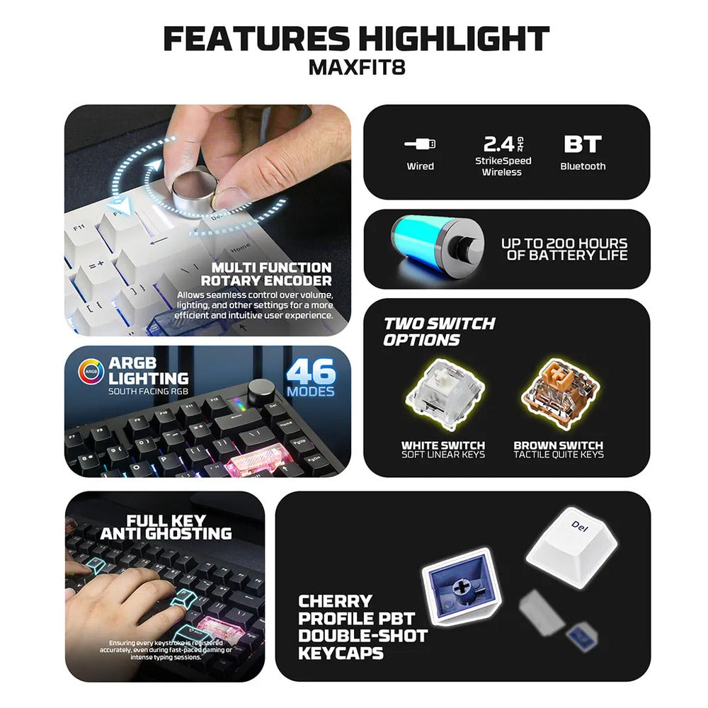 Fantech MAXFIT8 Wireless Mechanical Keyboard (White) (Brown Switch) 