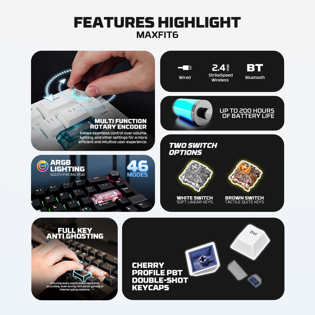 Fantech MK920 MAXFIT6 60% Wireless Mechanical Keyboard (Black) (White Switch)