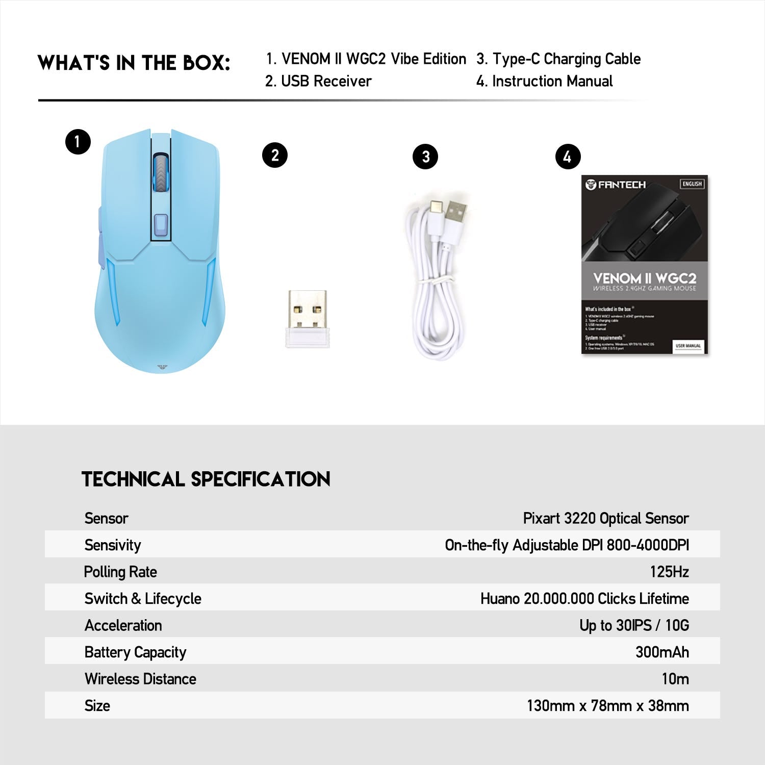 Fantech VENOM II WGC2 Wireless Gaming Mouse (Blue)