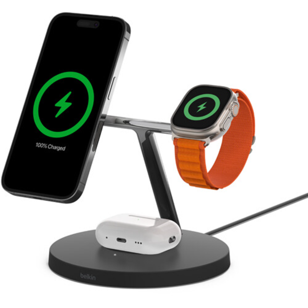 Belkin BoostCharge Pro 3-in-1 Wireless Charger with 15w MagSafe Charging (Black)
