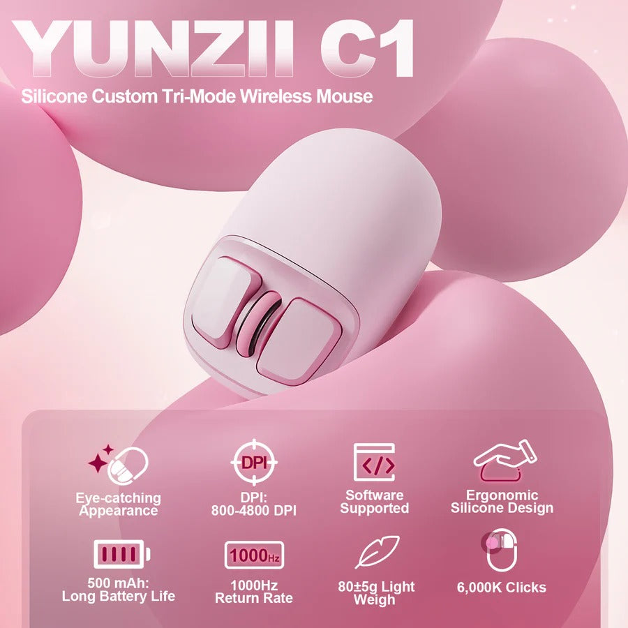 YUNZII C1 Silicone Tri-Mode Wireless Mouse (Pink)